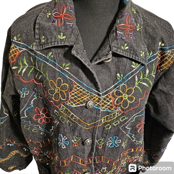 New Direction Black Denim Jacket 100% Cotton Embroidered & Beads Sz M - Picture 3 of 8
